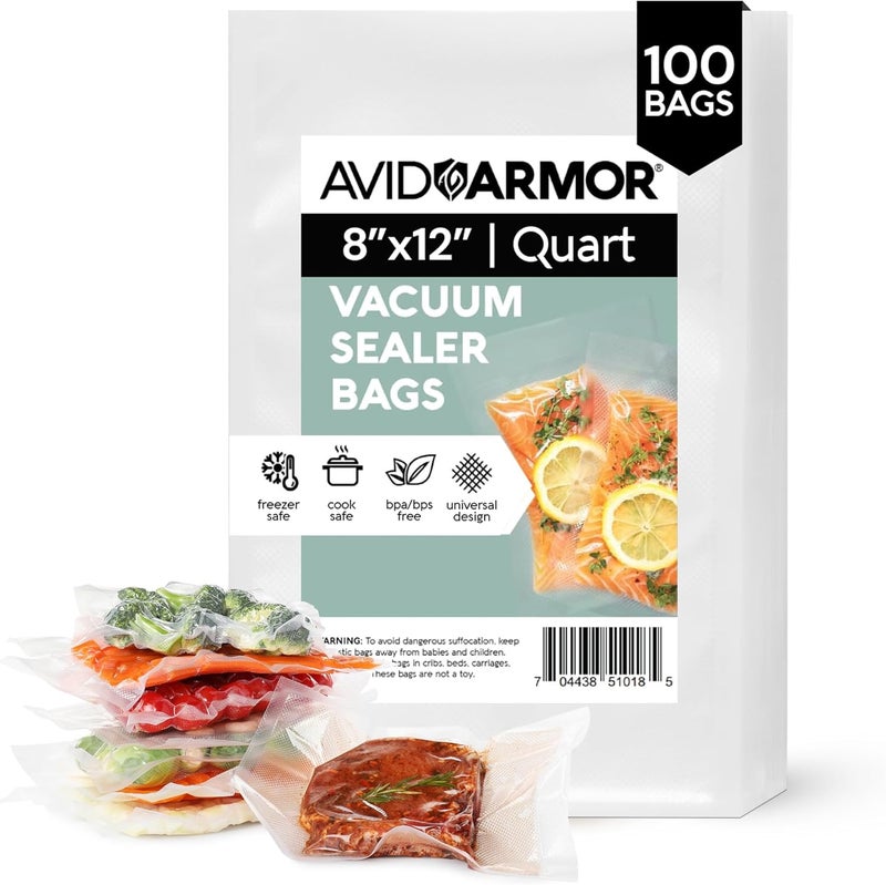 Avid Armor Vacuum Sealer Bags Quart 8x12 Inch 100 Pack for Food Saver, Seal a Meal Vacuum Seal Machines, Commercial Grade Heavy Duty BPA Free for Sous Vide and Meal Prep Precut Storage Bag - Image 1